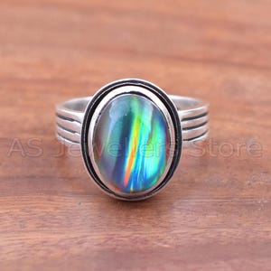 May include: A silver ring with an oval, iridescent gemstone. The gemstone displays a spectrum of colors, including blue, green, and yellow. The ring band has a textured design with multiple parallel lines. The background is a wooden surface.