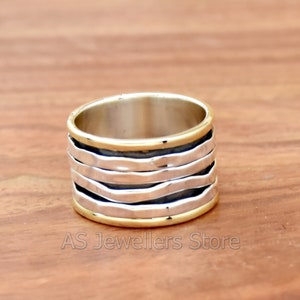 Spinner Ring, 925 Sterling Silver Ring for Women, Two Tone Ring, Boho Chunky Ring, Wide Band Fidget Ring, Handmade Band, Worry Ring For Her