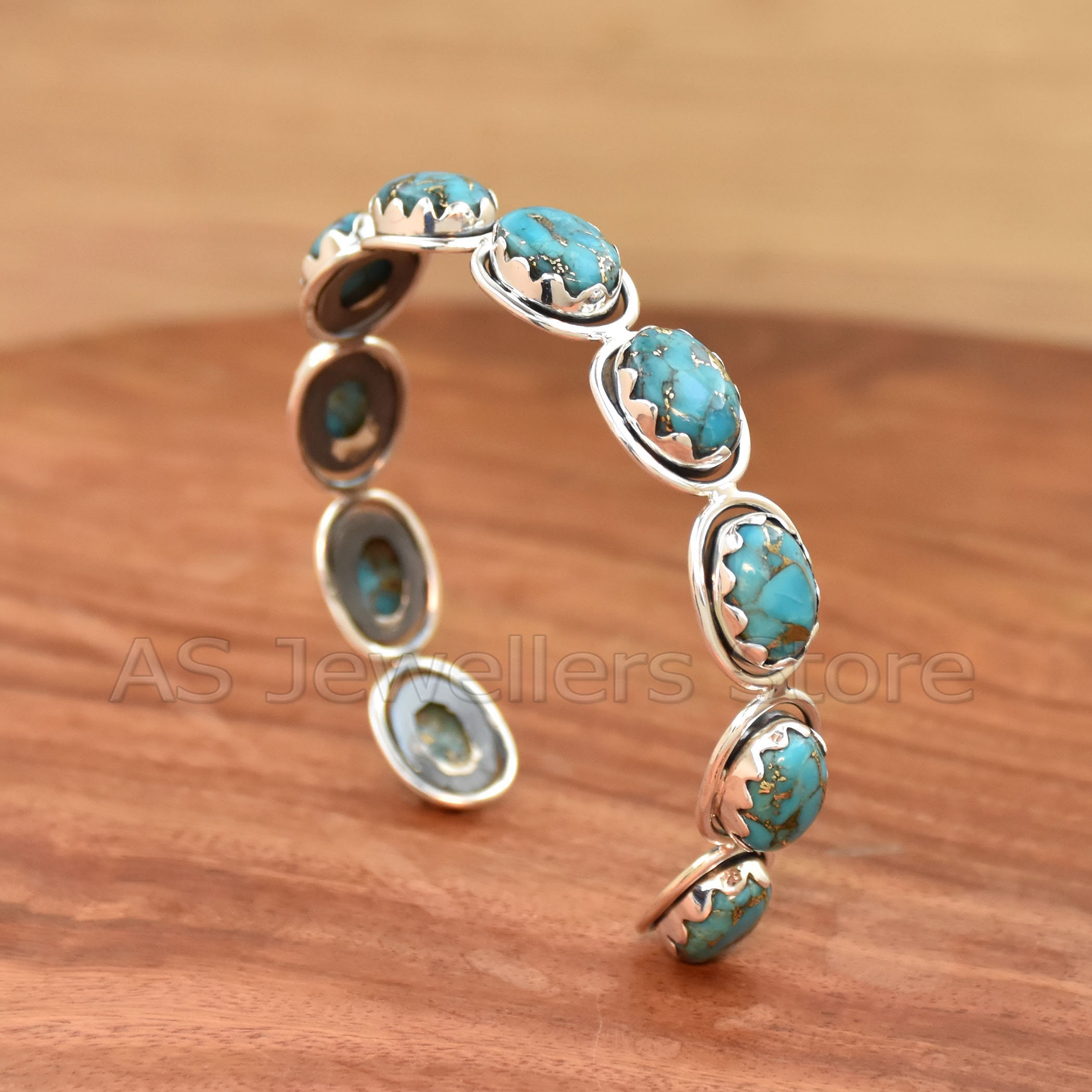 925 Sterling Silver Copper Turquoise Bangle: Adjustable Gemstone