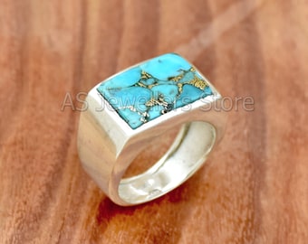 Blue Copper Turquoise Ring, Mens Ring, Turquoise Men's Ring, Handmade Silver Ring, Silver Men's Ring, 925 Sterling Silver Ring, Gift for Him