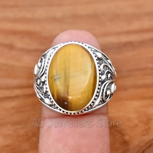Natural Tiger Eye Ring, Tiger Eye Men&#39;s Ring, Mens Ring, Handmade Men&#39;s Ring, Silver Men&#39;s Ring, 925 Sterling Silver Mens Ring, Silver Ring