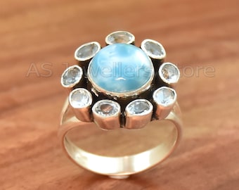 Larimar & Blue Topaz Ring, Handmade 925 Sterling Silver Ring