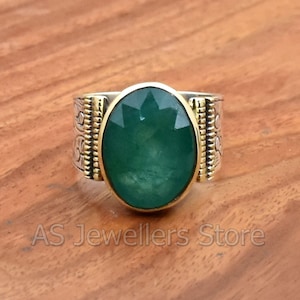 Handmade Indian Emerald Ring: Two-Tone 925 Sterling Silver Statement Ring