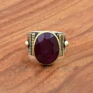 Handmade Indian Ruby Ring: Two-Tone 925 Sterling Silver Ring