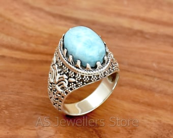 Handmade Larimar Ring: 925 Sterling Silver Mens Ring, Natural Gemstone
