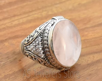 Natural Rose Quartz Men's Ring, 925 Sterling Silver Ring, Pink Gemstone Ring, January Birthstone Ring, Handmade Ring, Anniversary Gift Ring