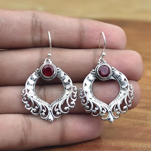 Handmade Sterling Silver Garnet Dangle Earrings: Dainty Silver Jewelry