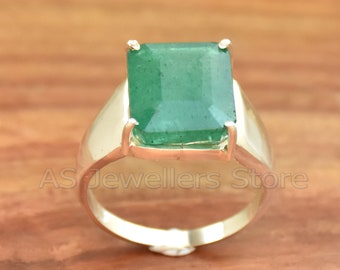 Indian Emerald Ring, Solid 925 Sterling Silver Ring, Emerald Gemstone Ring, Silver Men Ring, Prong Setting Ring, Stylish Silver Men Ring