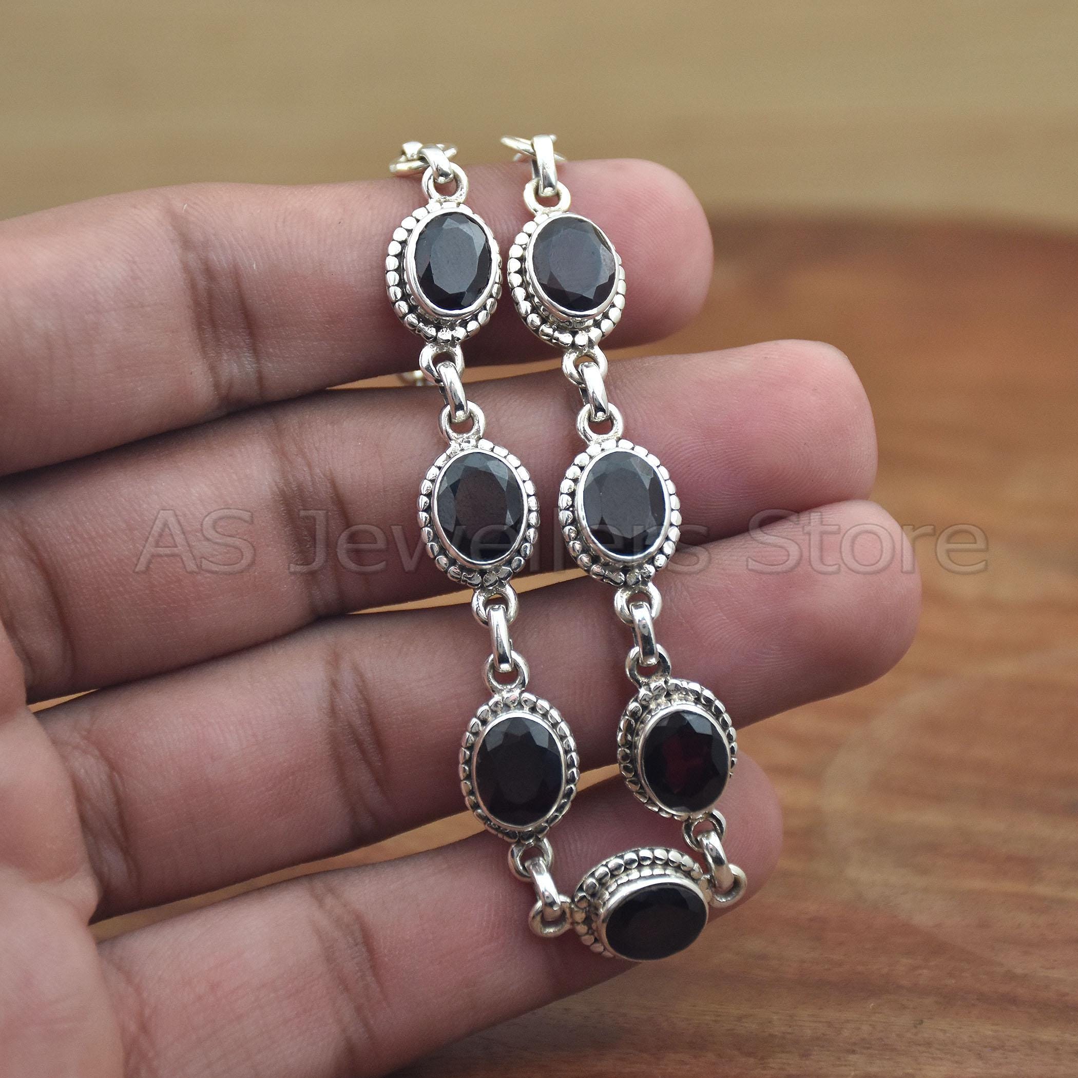 925 Sterling Silver Garnet Bracelet: Oval Stone Adjustable Wedding