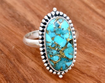 ブルーコッパーターコイズスターリングシルバーリング - ハンドメイド
