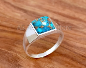 Natural Blue Copper Turquoise Men's Ring - 925 Sterling Silver, Oval Cut, Stackable, All Sizes D70