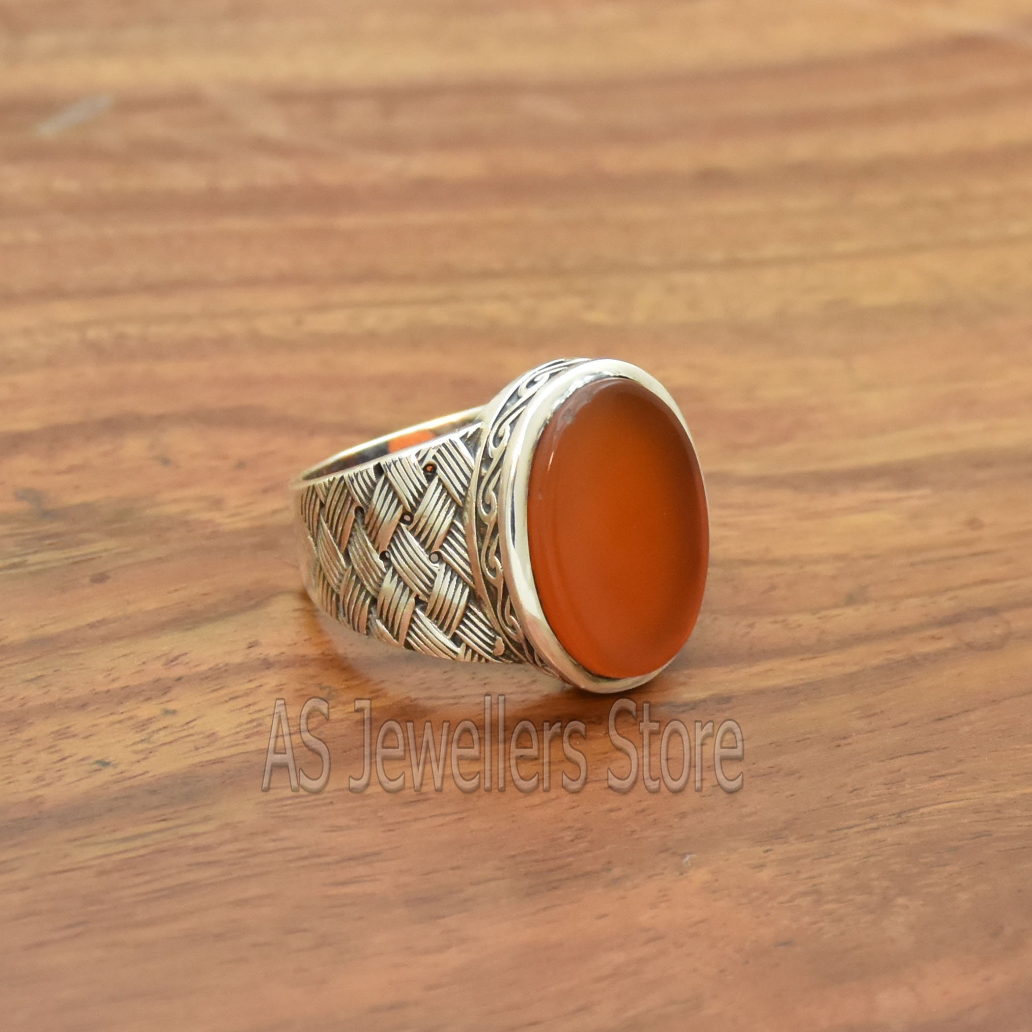 Textured 925 Sterling Silver Mens Ring: Natural Carnelian Gemstone