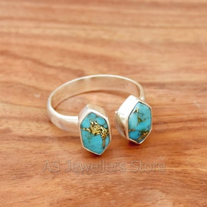 Blue Copper Turquoise 925 Sterling Silver Ring: Two Stone Bohemian Jewelry