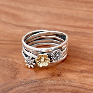 Handmade Ring,925 Sterling Silver Floral Ring: Two-Tone Flower Band