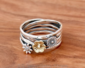 Solid 925 Sterling Silver Floral Ring, Handmade Silver Ring, Floral Ring, Floral 925 Sterling Silver Ring, Floral Band, Two Tone Ring