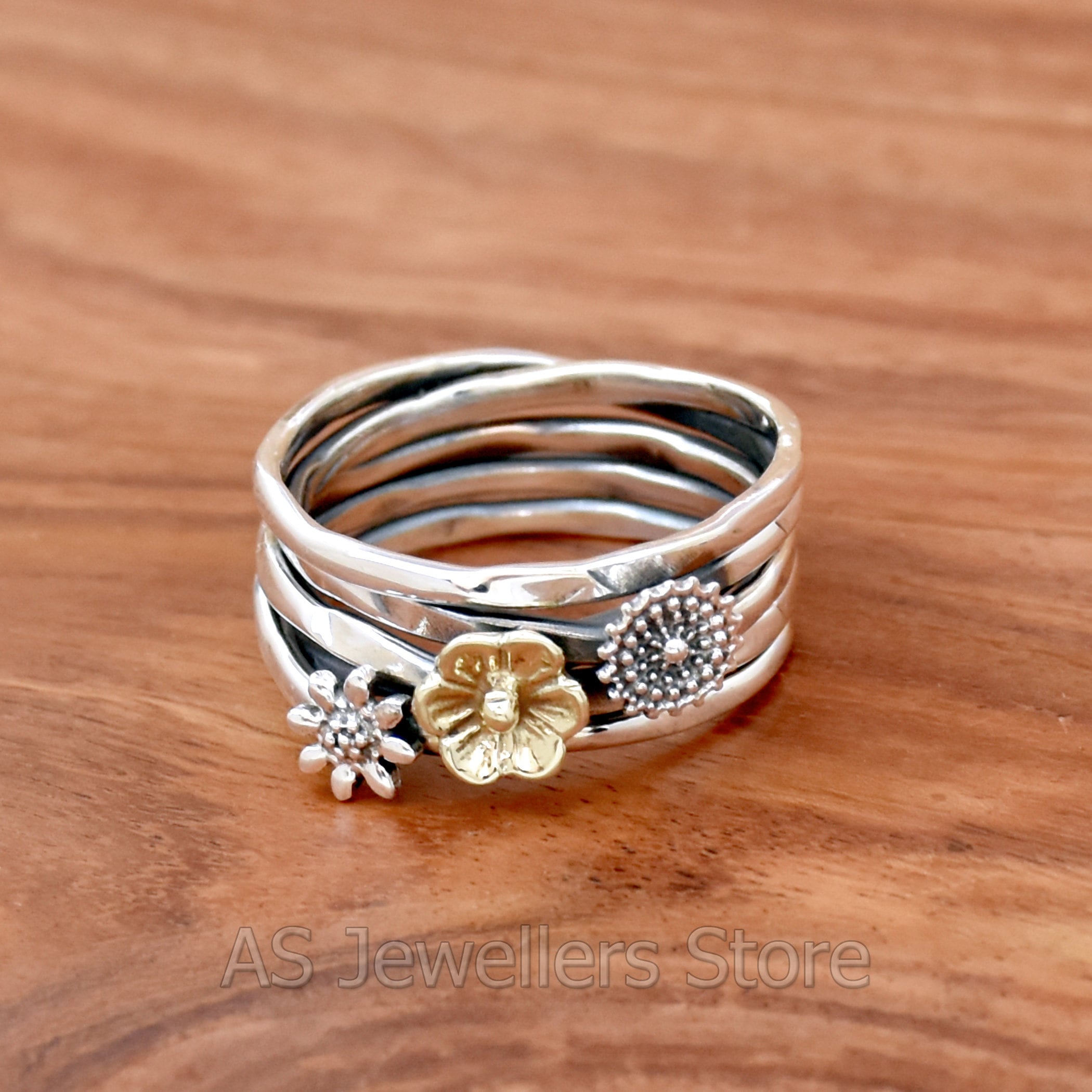 Handmade Ring,925 Sterling Silver Floral Ring: Two-tone Flower