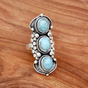Handmade Three Stone Larimar Ring: 925 Sterling Silver Statement Ring