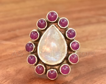 Handgemachter Mondstein & Rubin Ring: 925 Sterling Silber indischer Schmuck