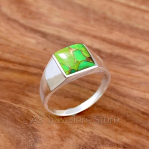 Green Copper Turquoise Ring, Green Turquoise Men&#39;s Ring, Handmade Men&#39;s Ring, Silver Men&#39;s Ring, 925 Sterling Silver Mens Ring, Gift for Him
