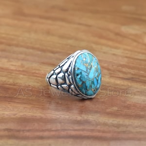 Anel masculino em turquesa azul-cobre: feito à mão em prata de lei 925.