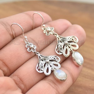 Rainbow Moonstone Dangle Earrings: 925 Sterling Silver, Handmade