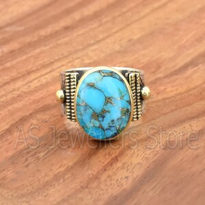 Blue Copper Turquoise Ring, 925 Sterling Silver Ring, Mens Ring, Two Tone Men&#39;s Ring, Handmade Silver Ring, Minimalistic Ring, Gift for Him