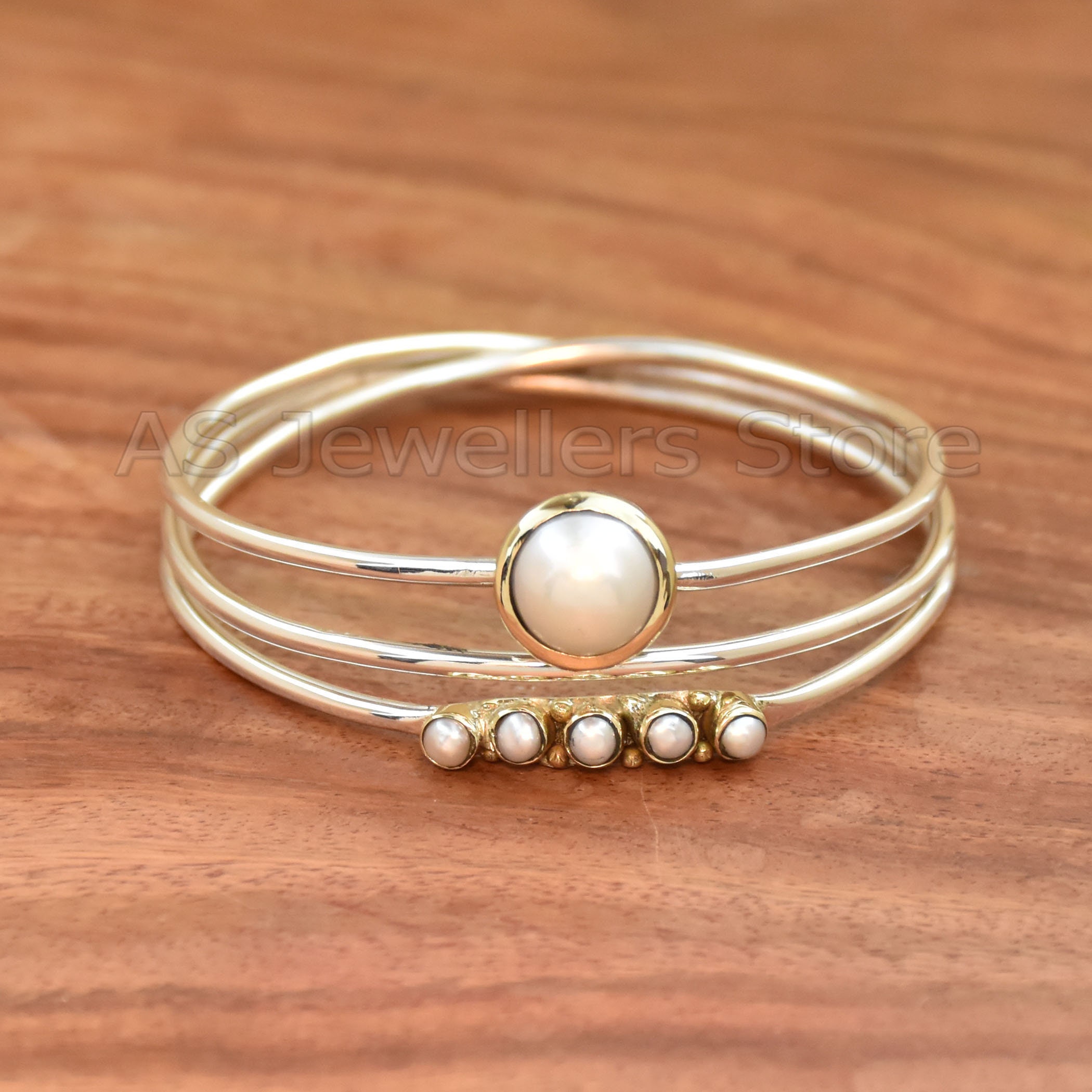マザーオブパールのバングル マザーオブパール 925 スターリングシルバー バングル：ツートンカラー
