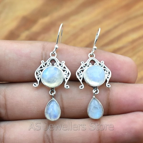 Handgemachte 925 Sterling Silber Regenbogen Mondstein Ohrringe