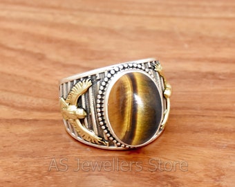 925 Sterling Silver Ring, Tiger Eye Ring, Handmade Silver Men's Ring, Eagle Mens Ring, Men's Ring, Men's Ring, Tiger Eye Gemstone Ring, Ring
