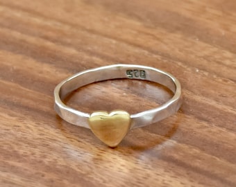 Handmade Ring,925 Sterling Silver Heart Ring: Two-Tone Brass Accent