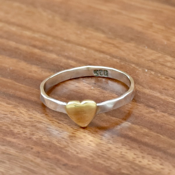 Handmade Ring,925 Sterling Silver Heart Ring: Two-Tone Brass Accent