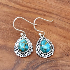 Handmade Filigree 925 Sterling Silver Copper Turquoise Earrings
