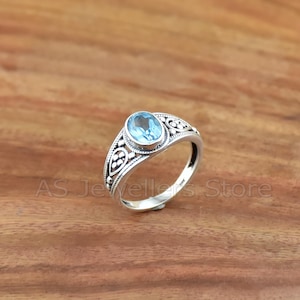Anillo de topacio azul en plata de ley 925 hecho a mano: estilo antiguo