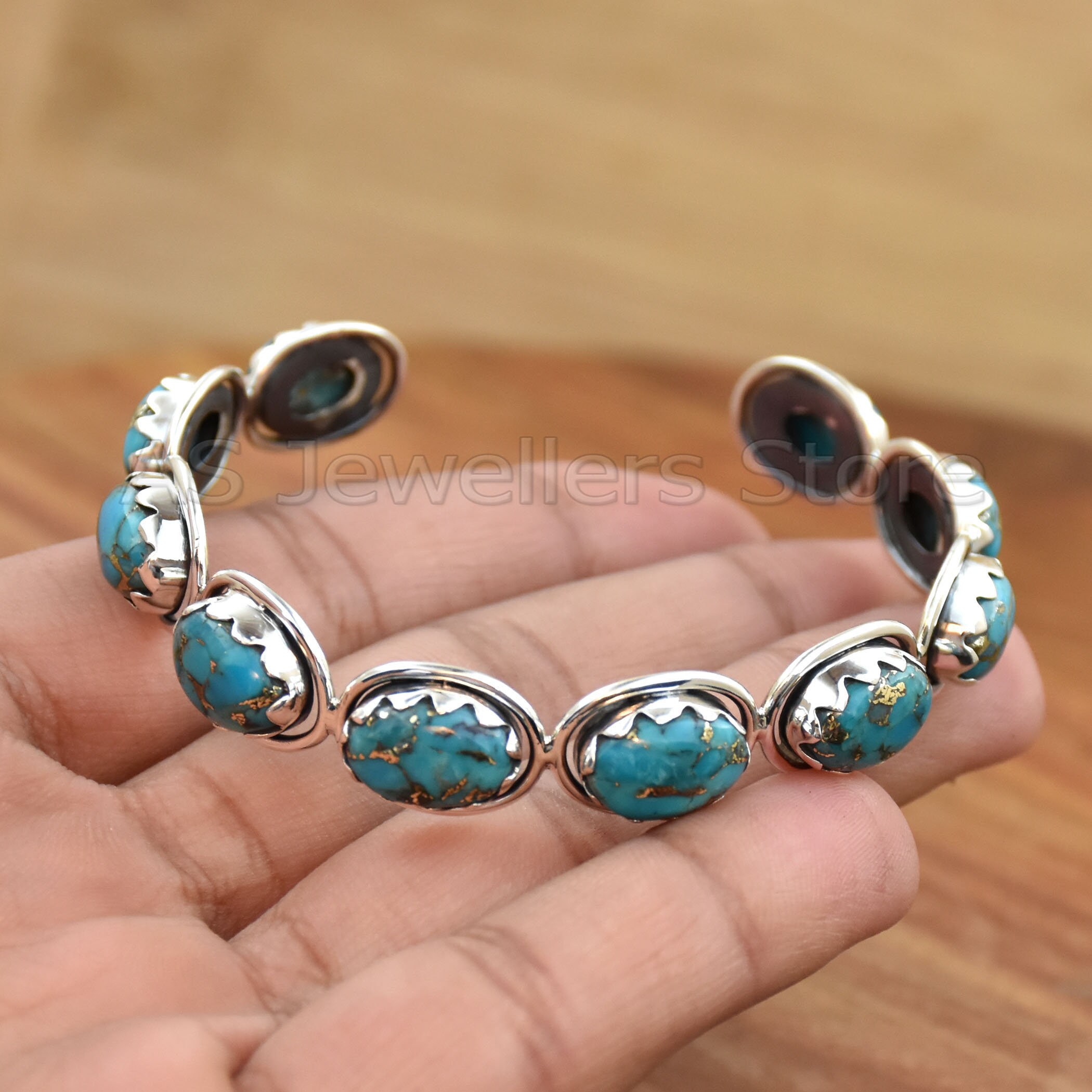 925 Sterling Silver Copper Turquoise Bangle: Adjustable Gemstone