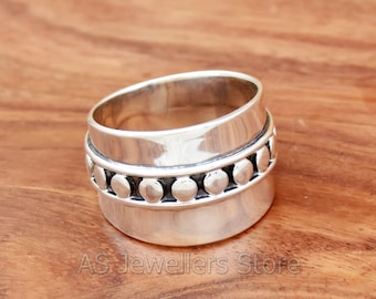Anillo de punto de plata de ley 925 hecho a mano: anillo bohemio de banda ancha para el pulgar
