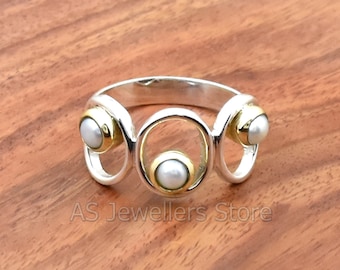 Natural Pearl Ring: Two-Tone 925 Sterling Silver Wire Wrap