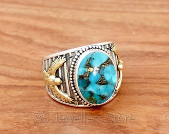 Handmade Eagle 925 Sterling Silver Ring: Blue Copper Turquoise