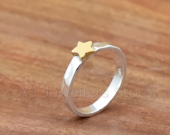 Two-Tone Ring, Handmade 925 Sterling Silver & Brass Star Ring