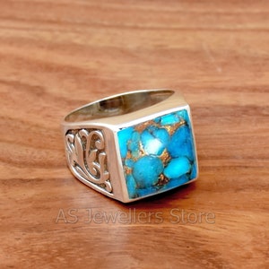 Blue Copper Turquoise Ring, Mens Ring, Turquoise Men's Ring, Handmade Silver Ring, Silver Men's Ring, 925 Sterling Silver Ring, Gift for Him
