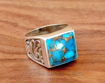 Blue Copper Turquoise Ring, 925 Sterling Silver Ring, Mens Ring, Turquoise Men&#39;s Ring, Handmade Silver Ring, Silver Men&#39;s Ring, Gift for Him