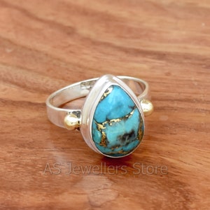 Blue Copper Turquoise 925 Sterling Silver Ring - Two Tone Bohemian Statement Ring