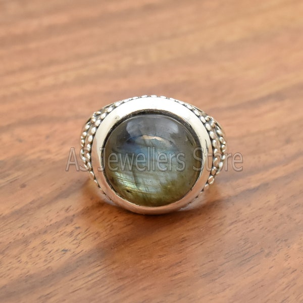 Natuurlijke labradoriet ring, herenring, labradoriet herenring, handgemaakte zilveren ring, zilveren herenring, 925 sterling zilveren ring, cadeau voor hem