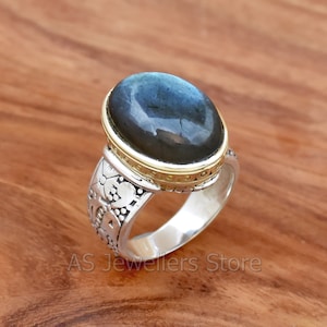 Natürliche Labradorit Ring: Handgeschnitzte 925 Sterling Silber & Messing Band