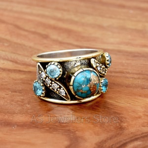 Handmade Blue Copper Turquoise Ring: 925 Sterling Silver, Blue Topaz & Zirconia
