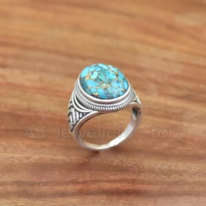 Anel artesanal em cobre e prata de lei 925 com turquesa - Joia masculina