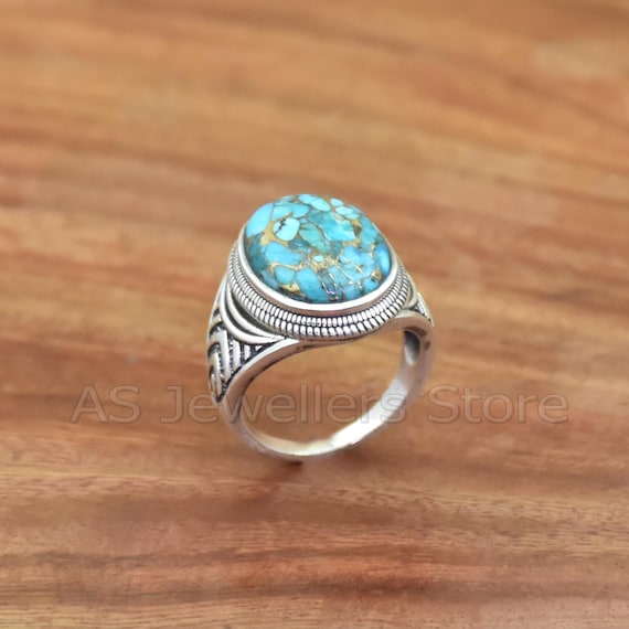 Anello Uomo In Argento 925 Con Turchese Naturale – Fatto A Mano, Stile Statement, Tutte Le Misure