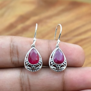 Indian Ruby Earring,925 Sterling Silver Earrings: Boho Dangle Gemstone Earrings