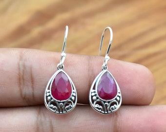 Indian Ruby Earring,925 Sterling Silver Earrings: Boho Dangle Gemstone Earrings