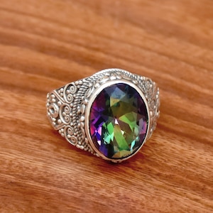 Mystic Topaz Ring,925 Sterling Silver Ring: Handmade Filigree Statement Ring