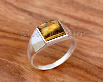 Natural Tiger Eye Ring, Mens Ring, Tiger Eye Men&#39;s Ring, Handmade Men&#39;s Ring, Silver Men&#39;s Ring, 925 Sterling Silver Mens Ring, Gift for Him